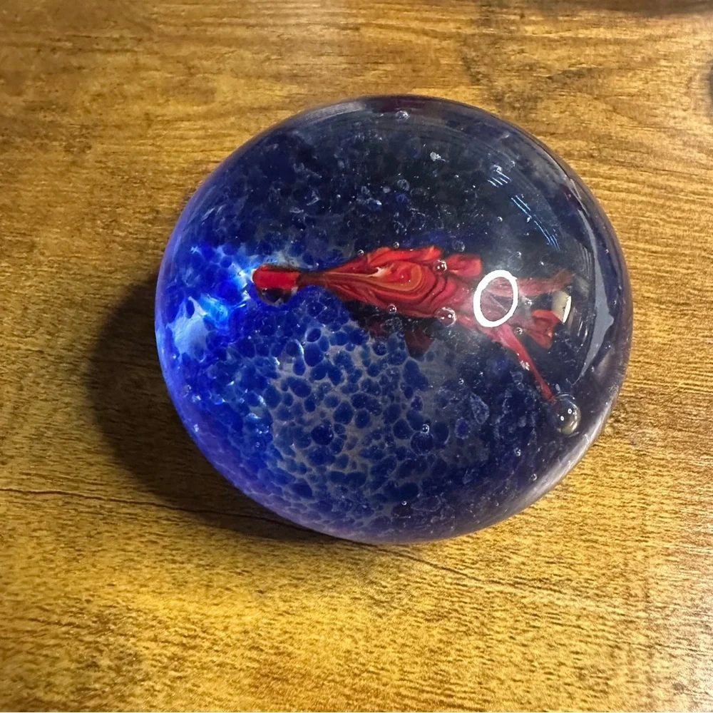 Blue and Orange Glass FishHand-Blown Art Glass Paperweight